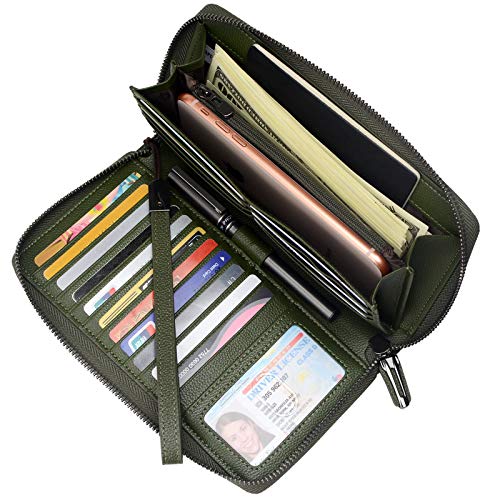 Bveyzi Women RFID Blocking Wallet Leather Zip Around Phone Clutch Large Capacity Ladies Travel Purse Wristlet - color: Olive Green