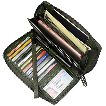 Bveyzi Women RFID Blocking Wallet Leather Zip Around Phone Clutch Large Capacity Ladies Travel Purse Wristlet - color: Olive Green