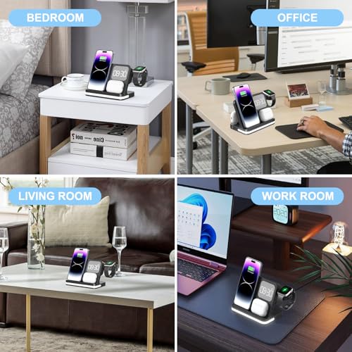 7 in 1 Wireless Charging Station Compatible with Apple Multiple Devices iPhone, AirPods, and Apple Watch - Phone Wireless Charger Fast Charging with Night Lamp and Clock(Black)
