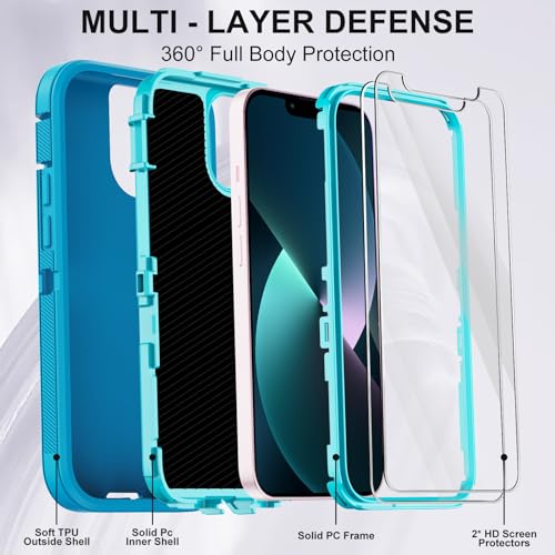 for iPhone 13 Case with 2 Screen Protector,Shockproof Drop Protection Full Body Heavy Duty 3 Layer Military Rugged Durable Phone Cover for Apple iPhone 13 6.1" (Light Blue) - color: Light Blue