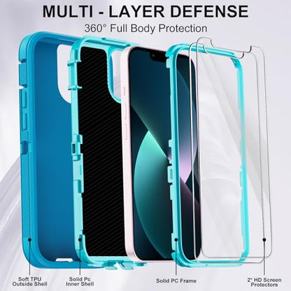for iPhone 13 Case with 2 Screen Protector,Shockproof Drop Protection Full Body Heavy Duty 3 Layer Military Rugged Durable Phone Cover for Apple iPhone 13 6.1" (Light Blue) - color: Light Blue