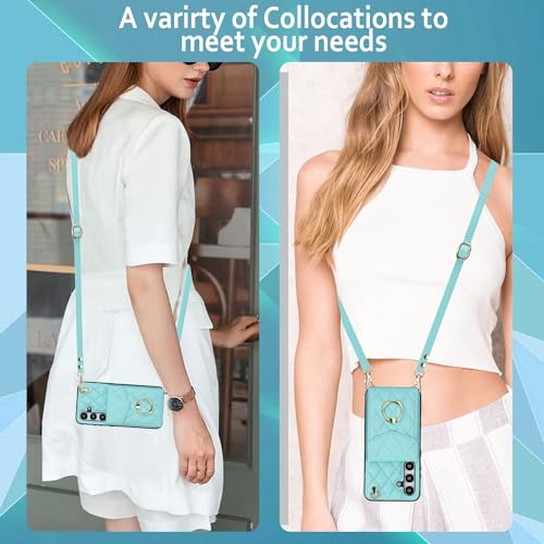 Asuwish Phone Case for Samsung Galaxy S24 5G Wallet Cover with Tempered Glass Screen Protector and Crossbody Wrist Strap Ring RFID Blocking Credit Card Holder Leather Cell S 24 24S G5 Women Girls Teal - color: Teal