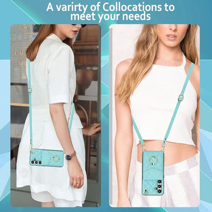 Asuwish Phone Case for Samsung Galaxy S24 5G Wallet Cover with Tempered Glass Screen Protector and Crossbody Wrist Strap Ring RFID Blocking Credit Card Holder Leather Cell S 24 24S G5 Women Girls Teal - color: Teal