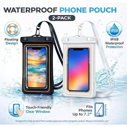 2-Pack IPX8 Floating Waterproof Phone Pouch, Dry Bag with Lanyard, Fits up to 7.2”, Compatible with iPhone 16/15/14/13 Pro Max, Galaxy S25/S24 Ultra, Pixel for Snorkeling, Kayaking(Black-White) - color: Black/White