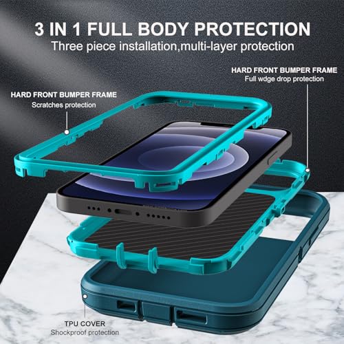 YKHJKLEC for iPhone 12/12 Pro Case, Compatible with Magsafe, Military Grade 3 in 1 Heavy Duty Shockproof/Drop Proof/Dust Proof with 2Pcs Tempered Glass Screen Protector (New-Blue/Turquoise) - color: New-Blue/Turquoise