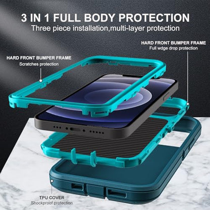 YKHJKLEC for iPhone 12/12 Pro Case, Compatible with Magsafe, Military Grade 3 in 1 Heavy Duty Shockproof/Drop Proof/Dust Proof with 2Pcs Tempered Glass Screen Protector (New-Blue/Turquoise) - color: New-Blue/Turquoise