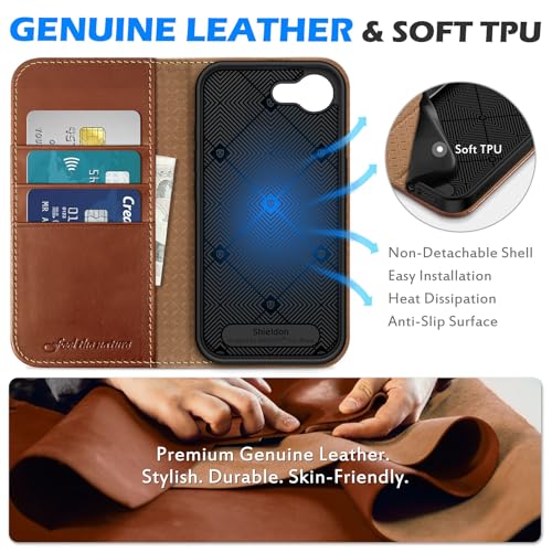 SHIELDON Genuine Leather Wallet Case for iPhone 17e/16e 6.1", Retro Brown | Magnetic Closure, RFID Blocking, Credit Card Holder, Viewing Stand, Folio Design, Shockproof Protective Cover - color: Retro Brown