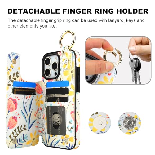 HAOPINSH for iPhone 16 Pro Max Wallet Case with Card Holder, Floral Flower Print Back Flip Folio PU Leather Kickstand Card Slots Case, Finger Grip Ring Double Magnetic Clasp Shockproof 6.9" - color: Floral Flower Grip Ring