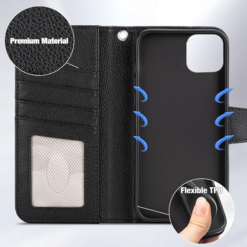 Arae Compatible with iPhone 15 Plus Case with Card Holder and Wrist Strap Wallet Flip Cover for iPhone 15 Plus 6.7 inch Men RFID Blocking Wristlet Kickstand,Litchi Black - color: Litchi Black, size: iPhone 15 Plus 6.7 inch