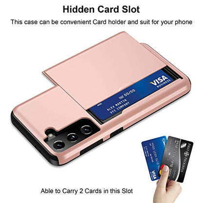 Jiunai for Samsung Galaxy S21 Case Wallet Credit Card Cash Holder Rose Gold | Slide Cover Dual Layer Hybrid Protective Hard PC Soft TPU Rubber Cover Phone Case for Samsung Galaxy S21 5G 6.2'' Women Men - color: Rose Gold