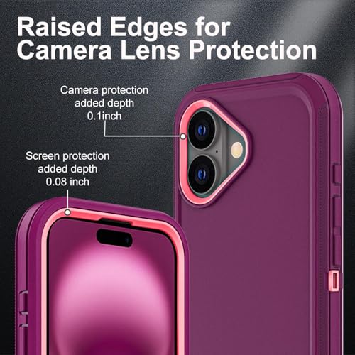 YKHJKLEC for iPhone 16 Plus Case, Military Grade 3 in 1 Heavy Duty Shockproof/Drop Proof/Dust Proof Case with 2Pcs Tempered Glass Screen Protector (Purple/Pink) - color: Purple/Pink