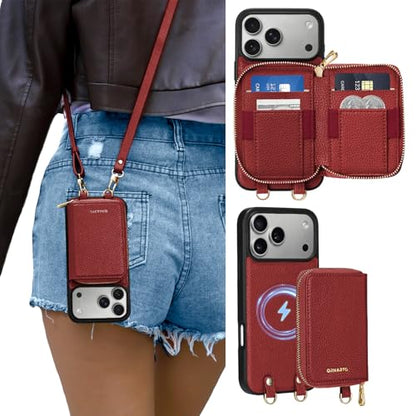 ORNARTO Magnetic Detachable Wallet Case for iPhone 17 Pro Max, Brick Red | Compatible with MagSafe, Crossbody Wallet Case with Card Holder Wrist Strap, RFID Blocking PU Leather Wallet Phone Cover 6.9” - color: Brick Red