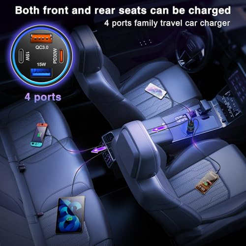 USB C Car Charger, 3Pack 65W 4-Port Dual USBC & USB-A Car Charger Adapter