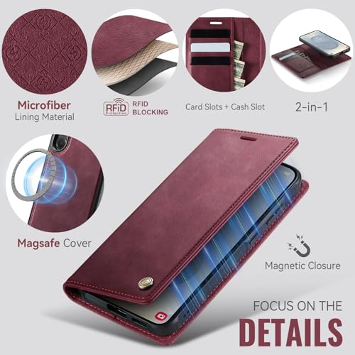 for Samsung Galaxy S25 Plus 2in1 Detachable Wallet Case, Burgundy | Compatible with Magsafe, Magnetic, RFID Blocking Card Holder, Shockproof, Kickstand, Wireless Charging, PU Leather Flip Cover - color: Retro Burgundy, size: Galaxy S25 Plus - 6.7"