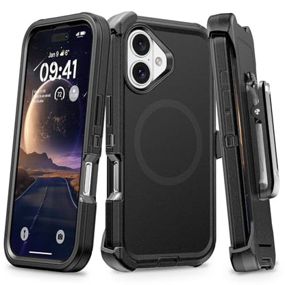 TUTUKII Magnetic for iPhone 16 Plus Case with Belt Clip Holster (Black) | MagSafe Compatible, Heavy-Duty Military-Grade Drop Protection, 3-Layer Rugged Shockproof Protective Cover 6.7-Inch - size: iPhone 16 Plus 6.1"