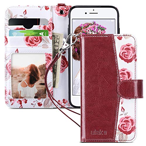 ULAK for iPhone SE 3(2022)/SE(2020)/8/7 Wallet Case Card Holder, Black | Premium PU Leather Flip Case with Kickstand Card Slots [RFID Blocking] Wrist Strap, Durable Shockproof Cover 4.7 Inch - color: Burgundy