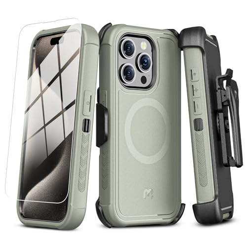 M MYBAT PRO Maverick Series for iPhone 15 Pro Max Case with Belt Clip Holster,[Compatible with Magsafe] w/Screen Protector,Anti-Drop,Shockproof,360°Rotatig Kickstand,Heavy Duty Protection - color: Natural Titanium