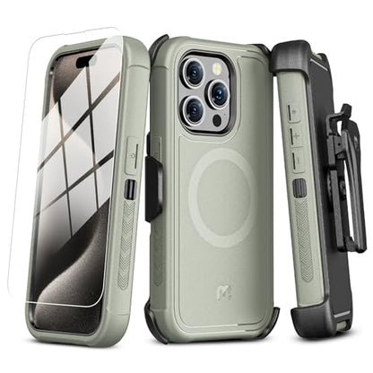 M MYBAT PRO Maverick Series for iPhone 15 Pro Max Case with Belt Clip Holster,[Compatible with Magsafe] w/Screen Protector,Anti-Drop,Shockproof,360°Rotatig Kickstand,Heavy Duty Protection - color: Natural Titanium