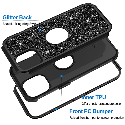 Hython Case for iPhone 13 Case Glitter, Cute Sparkly Shiny Bling Sparkle Cover, Heavy Duty 3 in 1 Hybrid Hard PC Soft TPU Bumper Full Body Shockproof Protective Phone Cases for Women Girls, Black - color: Black