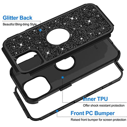 Hython Case for iPhone 13 Case Glitter, Cute Sparkly Shiny Bling Sparkle Cover, Heavy Duty 3 in 1 Hybrid Hard PC Soft TPU Bumper Full Body Shockproof Protective Phone Cases for Women Girls, Black - color: Black