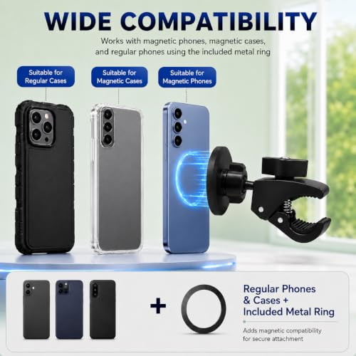 Heavy Duty Magnetic Phone Mount for Gym & Spin Bikes, N52 Clamp for Peloton/Treadmill/Stroller/Golf Cart, 360° Rotatable, Compatible with MagSafe iPhone 12-17 - color: green