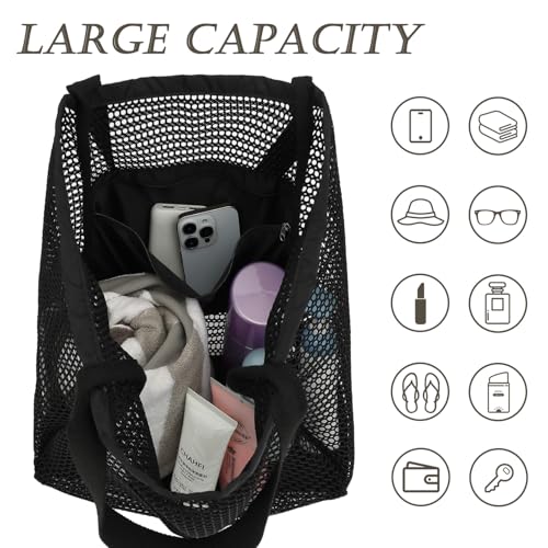 GYEUKHAM Mesh Beach Bag for Women, Sand-Resistant Pool Tote, 9 Pockets (1 Inner Zip), Foldable Family Travel Essentials - color: 2 Pockets-black