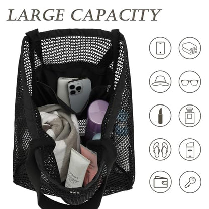 GYEUKHAM Mesh Beach Bag for Women, Sand-Resistant Pool Tote, 9 Pockets (1 Inner Zip), Foldable Family Travel Essentials - color: 2 Pockets-black