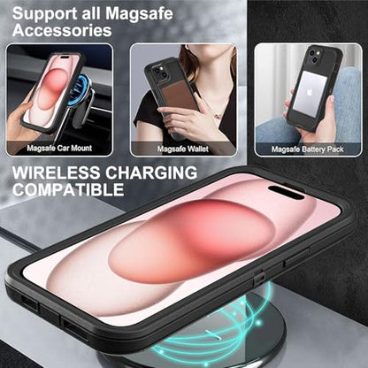 YKHJKLEC for iPhone 15 Case, Compatible with Magsafe, Military Grade 3 in 1 Heavy Duty Shockproof/Drop Proof/Dust Proof Case with 2Pcs Tempered Glass Screen Protector (New-Black/Black) - color: New-Black/Black