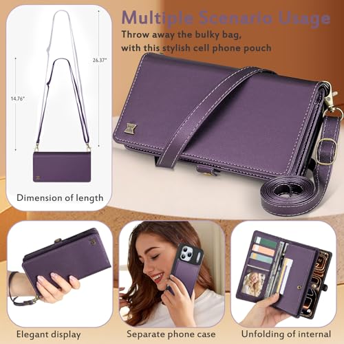 for Wallet Case Compatible with iPhone 17 Pro Max,Multi-Function Detachable 3 in 1 Magnetic iPhone 17 Pro Max Case Wallet,Flip Strap Zipper Card Holder Phone Case with Shoulder Straps (Pruple) - color: Purple, size: iPhone 17 Pro Max