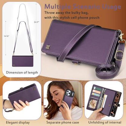 for Wallet Case Compatible with iPhone 17 Pro Max,Multi-Function Detachable 3 in 1 Magnetic iPhone 17 Pro Max Case Wallet,Flip Strap Zipper Card Holder Phone Case with Shoulder Straps (Pruple) - color: Purple, size: iPhone 17 Pro Max