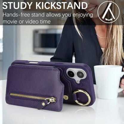Ｈａｖａｙａ for iPhone 16 case Wallet with Card Holder for Women Men Shockproof Phone case with Keychain Ring Stand Leather Zipper Credit Card Slots-Deep Purple - color: Purple-Ring