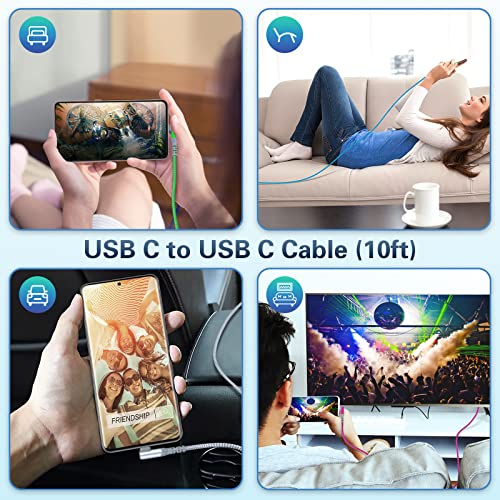 5-Pack USB C to USB C Cable 10FT Right Angle USB C Extra Long Cord - color: Blue-Green-Purple-Rose-Black