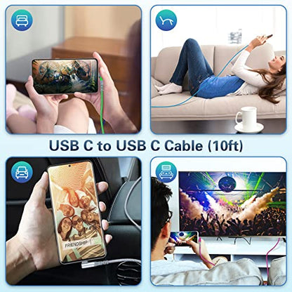 5-Pack USB C to USB C Cable 10FT Right Angle USB C Extra Long Cord - color: Blue-Green-Purple-Rose-Black