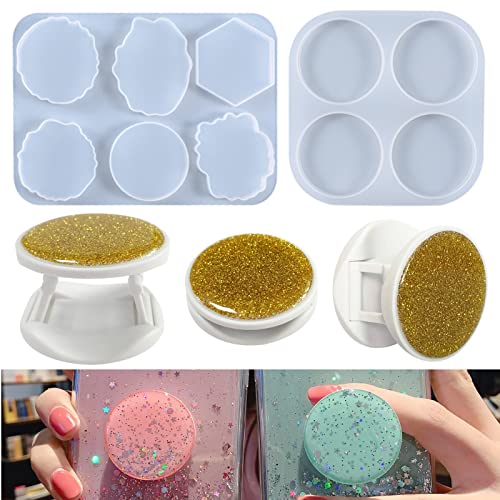 2 Pcs Phone Grip Resin Mold with 20 Pcs Blank Phone Socket Holders, Phone Grip Holder, Phone Finger Expanding Stand Holder, MaehSab On Top Phone Grip Silicone Resin Molds for Epoxy Casting Resin