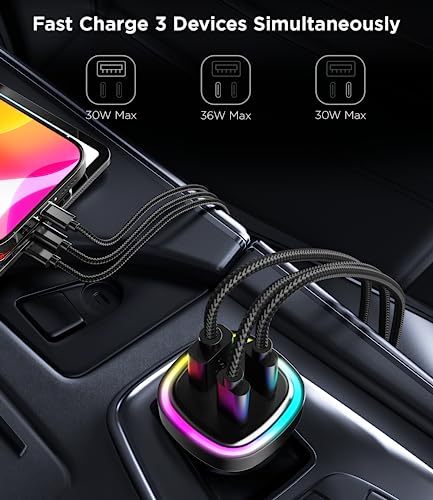 66W USB C Car Charger, [All Metal] 2PD + QC3.0 USB Car Cigarette Lighter USB Charger Adapter with RGB for Samsung Galaxy S23/22/21 iPhone iPad Pro Pixel Android Phones