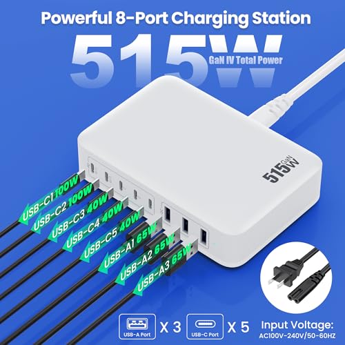 USB C Charger Block 515W[2025 Upgraded] GaN IV 8 Port Fast Charging Station Hub,Dual PD 100W USB C Laptop Charger Compatible with MacBook Pro/Air,iPad,iPhone 16/15,Galaxy S23/S24 Steam Deck Dell XPS - color: A-White, size: 515W