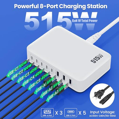 USB C Charger Block 515W[2025 Upgraded] GaN IV 8 Port Fast Charging Station Hub,Dual PD 100W USB C Laptop Charger Compatible with MacBook Pro/Air,iPad,iPhone 16/15,Galaxy S23/S24 Steam Deck Dell XPS - color: A-White, size: 515W