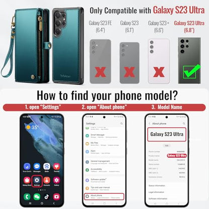 Defencase for Galaxy S23 Ultra Case Wallet Compatible with Magsafe, Green | Magnetic Detachable, RFID Bolcking Card Holder, Zipper Strap, PU Leather Drop-Proof Phone Cover for Samsung Galaxy S23 Ultra - color: (Detachable with Magsafe)-Blue Green