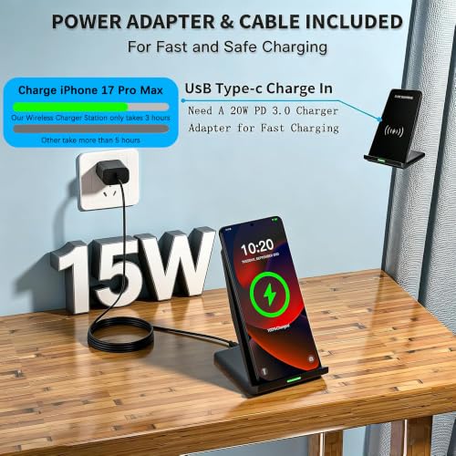 Wireless Charger Station,15W Desk Wireless Charging Stand 20W USB C Adapter for Apple iPhone 17 Pro/17/17/Air/16 Pro/16E/16 Plus/15/14/13,Samsung Galaxy S25/S24/S23/S22/Z Flip Fold/Note 20,Google etc - color: Black