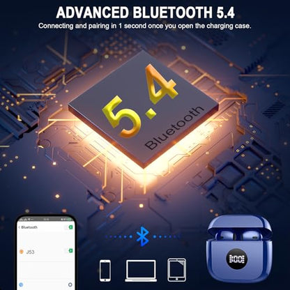 Wireless Earbuds, Bluetooth 5.4 Ear Buds, LED Power Display, 6D Bass Stereo - color: Dark Blue