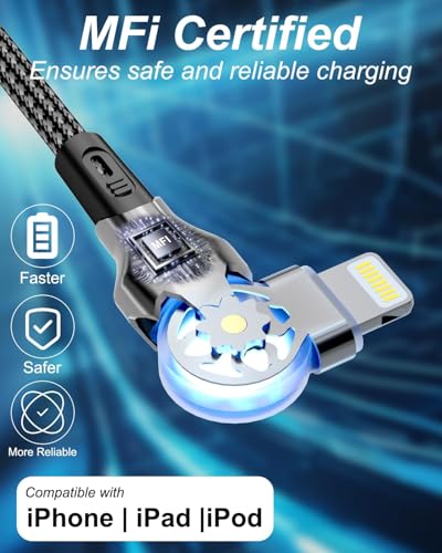 90 Degree Lightning Cable with 180°Rotating Head, 6Ft Fast Charge Right Angle Lightning Cable Compatible with iPhone14/13/12/11/X/8/7/6/5/SE/Pod/Pad Mfi Certified Rotating Charging Cable for iPhone