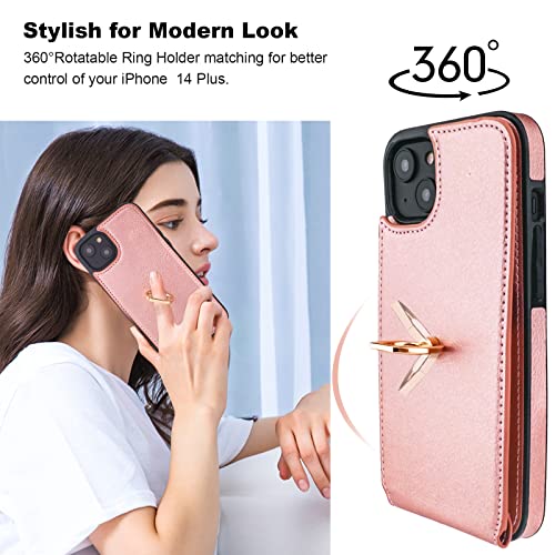 Folosu Compatible with iPhone 14 Plus Case Wallet with Card Holder, 360°Rotation Finger Ring Holder Kickstand, RFID Blocking Leather Protective Double Buttons Shockproof Cover 6.7 Inch Rose Gold - color: Rose Gold, size: iPhone 14 Plus