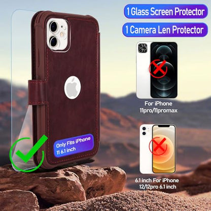 VANAVAGY Wallet Case for iPhone 11 6.1 inch, Burgundy | 12ft Drop-proof Cover for Women Men, Silm PU Leather, RFID Blocking Card Holder, Wrist Strap, Screen Protector - color: Burgundy