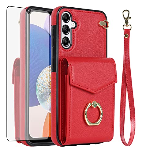 Asuwish Wallet Case for Samsung Galaxy A16 5G/4G Women Men Red | with Tempered Glass Screen Protector, Ring Holder, RFID Blocking, Card Holder, Wrist Strap, PU Leather, Cover for A 16 - color: Red