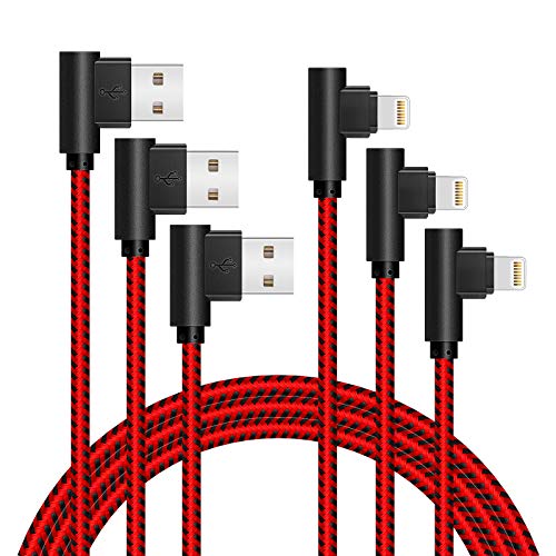 APFEN 90 Degree [3-Pack] 10FT/3M Heavy Duty iPhone Gaming Charger Cable Compatible with iPhone Xs Max/XS/XR/7/7Plus/X/8/8Plus/6S/6S Plus/SE (Black Red, 10FT) - color: Black