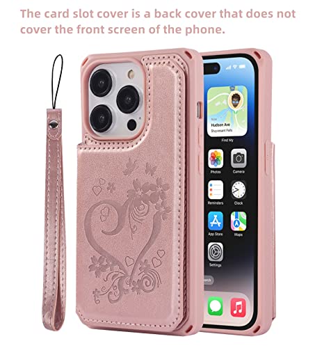 iCoverCase Compatible with iPhone 14 Pro Wallet Phone Case with Card Holder for Women, RFID Blocking Embossed PU Leather Wrist Strap Case 6.1 Inch (Heart Rose Gold) - color: H-Rose Gold