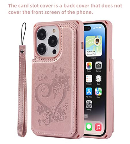 iCoverCase Compatible with iPhone 14 Pro Wallet Phone Case with Card Holder for Women, RFID Blocking Embossed PU Leather Wrist Strap Case 6.1 Inch (Heart Rose Gold) - color: H-Rose Gold