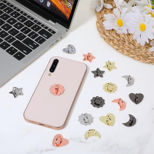 16PCS Metal Phone Ring Holder Heart Finger Ring Stand Adhesive Sunflower Star Shaped Various Styles Smartphone Grip Moon Charm Hook Smartphones Grip Loop Accessories for Mobile Case Pad Tablet