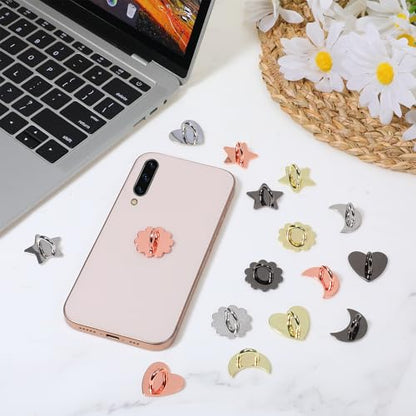 16PCS Metal Phone Ring Holder Heart Finger Ring Stand Adhesive Sunflower Star Shaped Various Styles Smartphone Grip Moon Charm Hook Smartphones Grip Loop Accessories for Mobile Case Pad Tablet