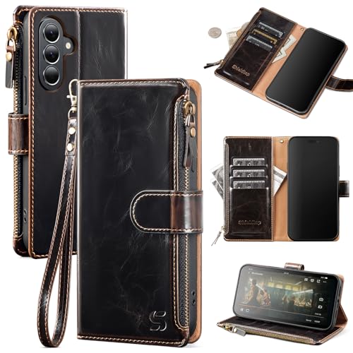 Shieldtop Compatible with Samsung Galaxy A37 5G Wallet Case with Card Holder,PU Leather Phone Case Flip Protective Cover Wrist Strap Zipper Credit Card Slots RFID Blocking Women Men,Coffee - color: Coffee